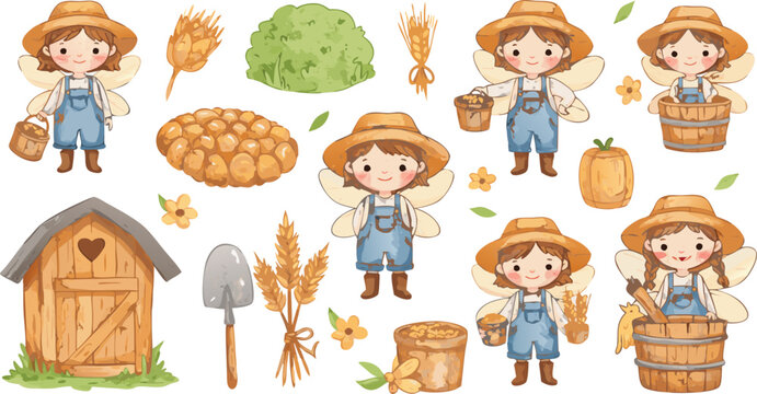 Farmers and farm tools illustration set with kids in overalls and straw hats