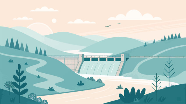 Vector illustration of a dam on a river in a mountainous landscape with trees, clouds, and a sunset sky, flat design style