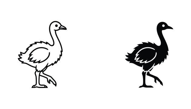 Walking ostrich bird icon set featuring flightless bird silhouette in outline and solid black style for wildlife and nature