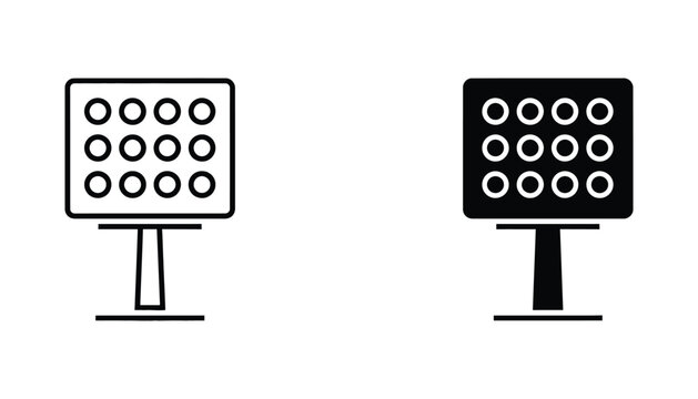 Modern led stadium floodlight panel vector icon set with outline and solid glyph styles for sports facility lighting design