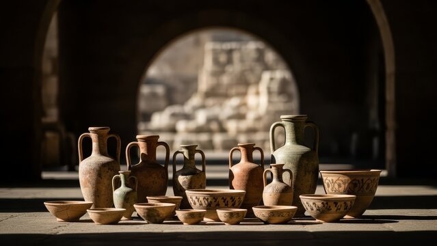 Ancient terracotta amphorae and pottery arranged in an archaeological museum setting.