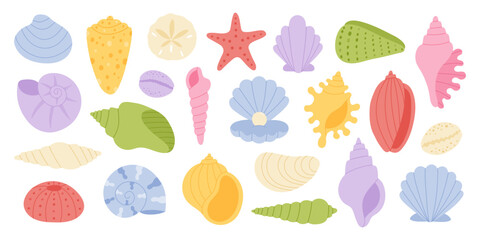 Colorful seashell set in flat vector style. Coastal shapes including starfish, scallop, spiral, and conch isolated on white background. Perfect for summer design, ocean theme, decoration © Stacy Draw