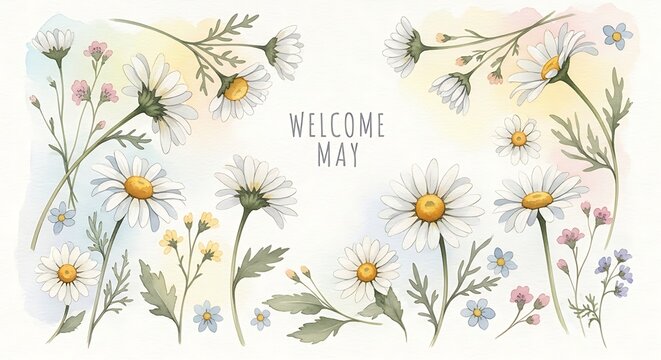 hand drawn may welcome floral wreath illustration with daisies and wildflowers