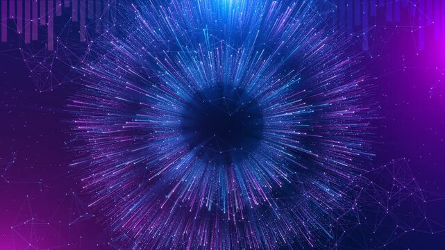 Glowing Radial Burst Dazzling radial particle vortex in neon purple blue, motion graphics sparkling data streams glowing lines abstract tech background visual data flow futuristic network animations.