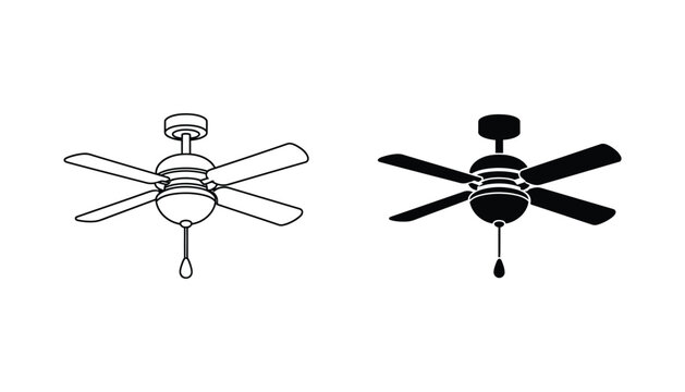 Ceiling fan icon set with light fixture in outline and solid black vector styles for interior design