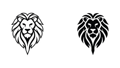 Majestic lion head logo design featuring stylized mane for branding and sports team mascot emblem available in outline and solid black versions © TARU STOCKPLC