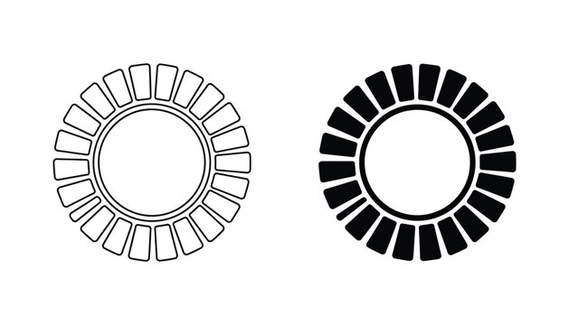 Circular sunburst or radial sun icon set featuring segmented rays in clean linear and solid black graphic styles for UI elements