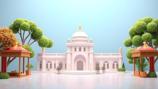 Grand white building with ornate gazebos and lush trees