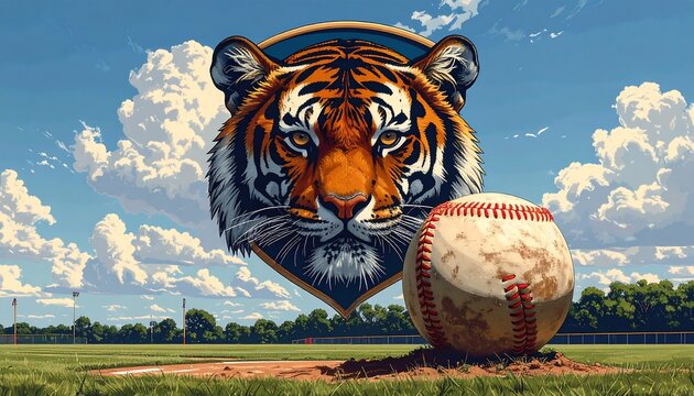 Illustration of a tiger head emblem and a baseball on a sunny day