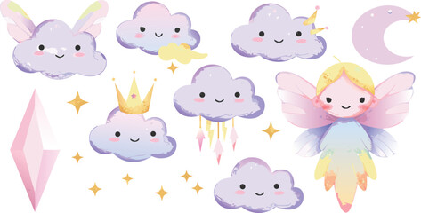 Naklejka premium Whimsical illustration of smiling cloud fairies and magical elements for kids