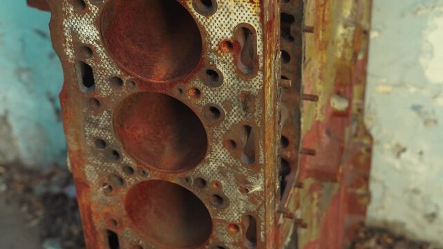 Vertical rusty engine block with multiple cylinder bores