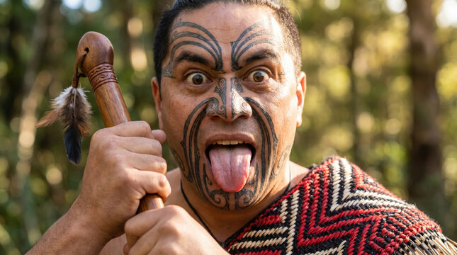 Māori man performing haka with taiaha and tā moko, New Zealand traditional culture. 