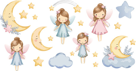 Naklejka premium Whimsical fairy girls with crescent moons and stars in pastel colors for kids or nursery designs