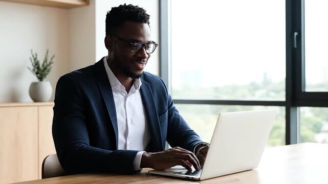 A smiling businessman wearing glasses works on a laptop computer at a wooden desk near a window in a bright office setting