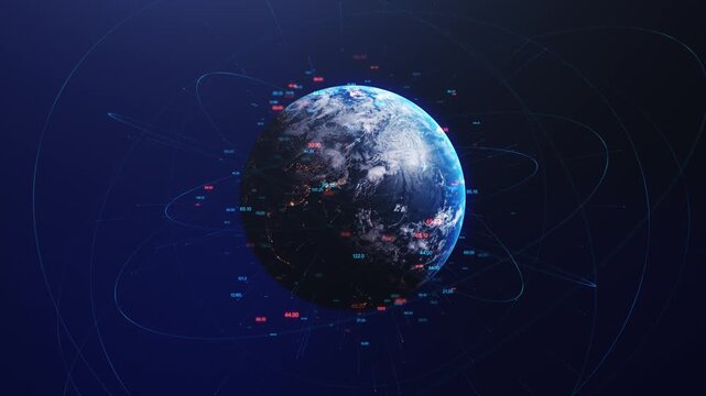 Futuristic Earth with glowing network connections data lines across continents for technology global communication, AI systems blockchain visuals, cybersecurity themes, digital transformation projects