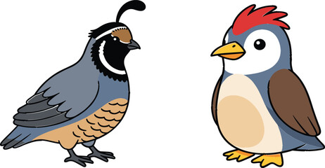 Fototapeta premium Cartoon bird characters set featuring quail and woodpecker, cute colorful wildlife animals in flat vector style, isolated illustration for kids education and nature design