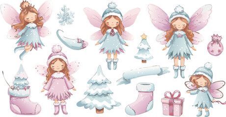 Naklejka premium Whimsical pastel fairies and christmas objects for holiday decoration