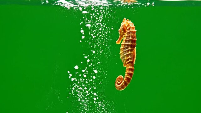 A bright yellow-orange seahorse with a curved tail swims against a solid green background from a side view