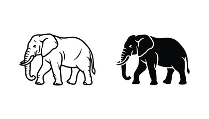 Fototapeta premium Stylized elephant silhouette showing side profile in clean vector line art and solid black fill variations