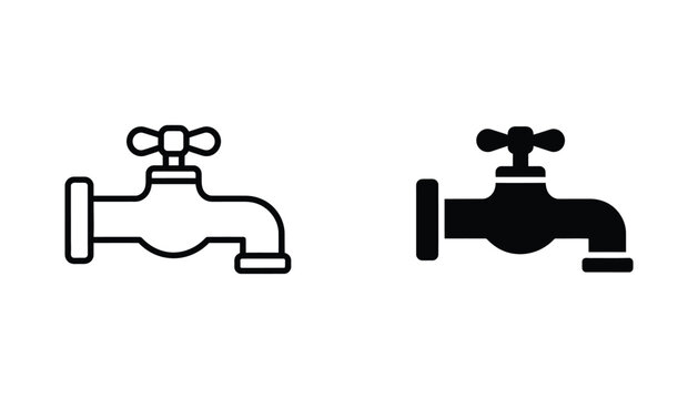 Water faucet icon set in outline and solid black style for plumbing and sustainability design projects