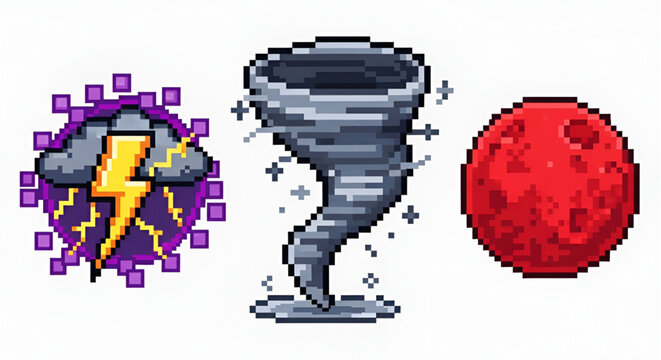 Pixel Art Elements Set of Thunderstorm Tornado and Red Planet Mars