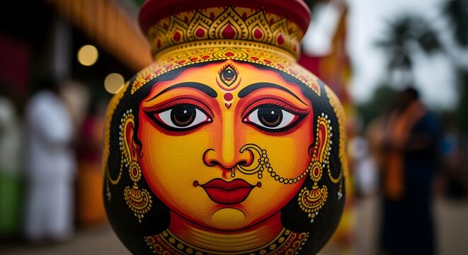 Vibrant hand-painted goddess face on clay pot traditional Indian festival
