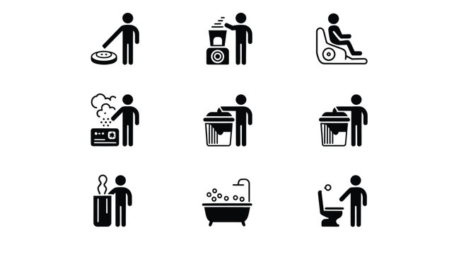 . Public restroom and hygiene line icon set with sanitation and cleaning symbols