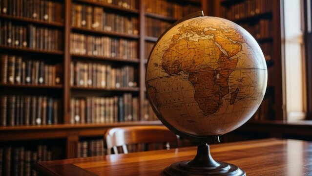 Vintage globe on wooden table, library background. Close up of globe in study.