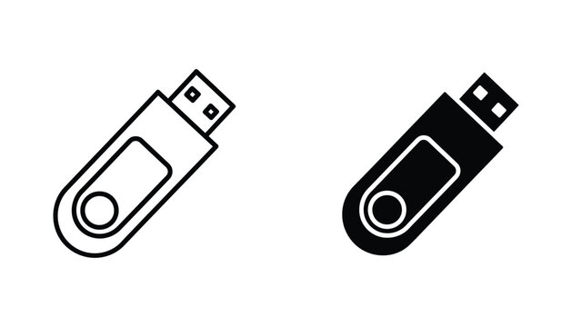 USB flash drive icon for portable data storage and digital hardware in line art and solid black silhouette styles isolated on a clean white background for tech industry branding and web graphics