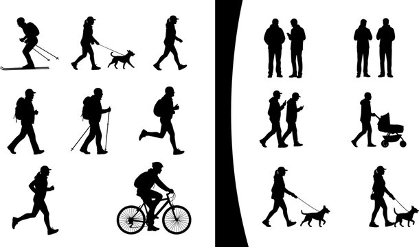 Active people silhouettes set featuring hiking running cycling dog walking and family scenes in side view isolated on white background