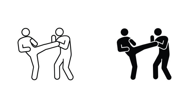 Two stick figures fighting in martial arts combat stance showing side kick move in outline and solid black icon style set