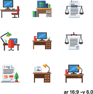 Collection of Office Desks and Legal Scales Icons.