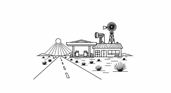 Desert scene with a road, gas station, building, and windmill