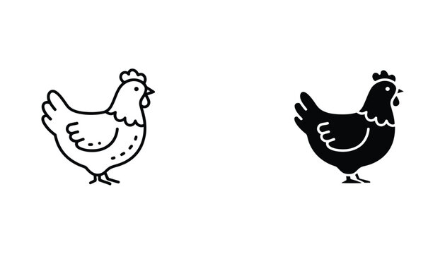 Cute chicken hen icon set featuring farm poultry bird in simple outline and solid black graphic style for agricultural branding and livestock industry visuals