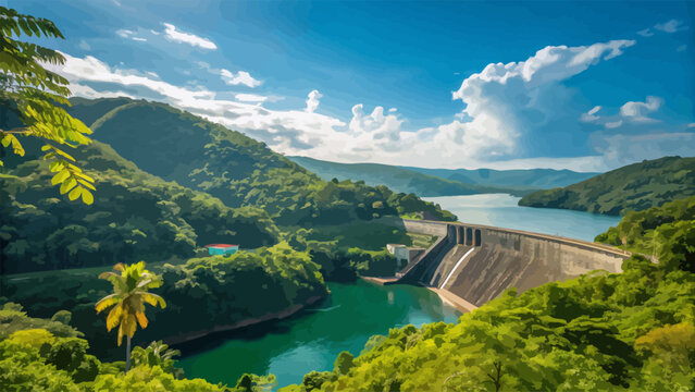 Scenic view of a large concrete dam surrounded by lush green mountains and a tropical forest with a clear blue sky and fluffy white clouds