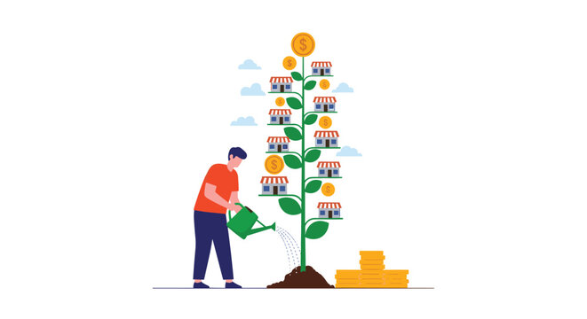Man watering a plant that grows multiple franchise store buildings and gold coins, symbolizing successful business expansion.