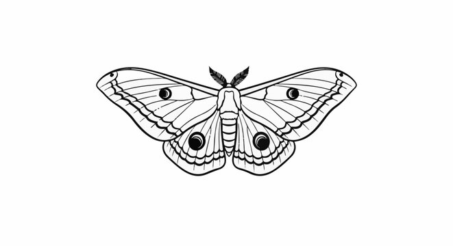 Detailed black and white line drawing of a large moth with eye-like markings