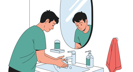 Fototapeta premium Person washing their hands in a bathroom sink while looking into a mirror, emphasizing the importance of daily cleanliness.