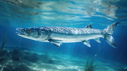 Fototapeta premium Powerful barracuda swimming in clear ocean waters.