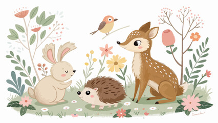 Naklejka premium Cute woodland animals illustration with a deer, a rabbit, a hedgehog, and a bird in a floral meadow, whimsical forest creatures drawing