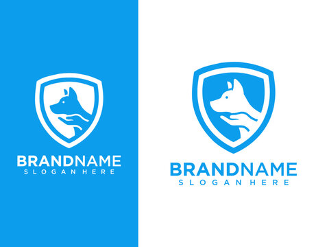 Two logos feature a dog head shield design on blue and white backgrounds for branding.