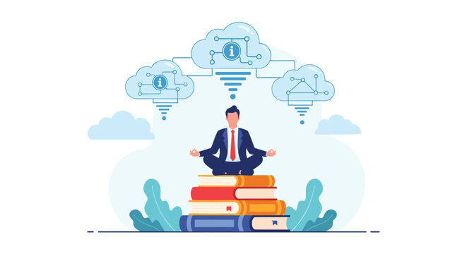 Professional man meditating on a stack of books with cloud computing icons above him, representing smart data management.