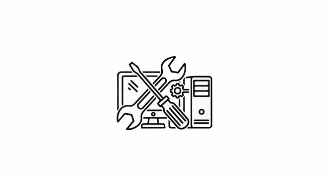 Computer repair tools icon with monitor, tower, and tools