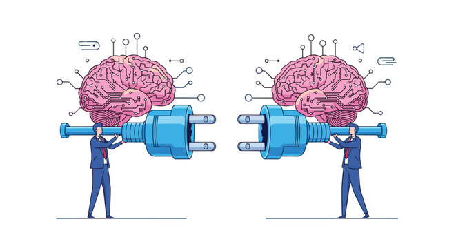 Two professionals holding large electrical plugs connected to human brains, symbolizing the exchange of knowledge and ideas.