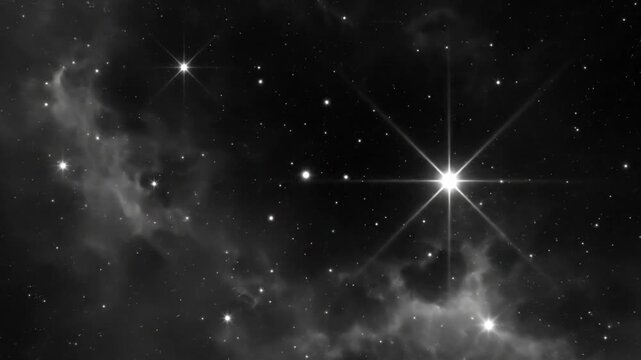 Black and white starry night sky with bright stars and nebulous clouds perfect for a cosmic or outer space background