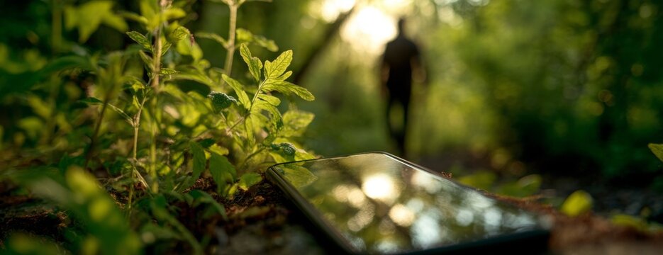 Person walking away from smartphone in forest during sunset, phone detox concept