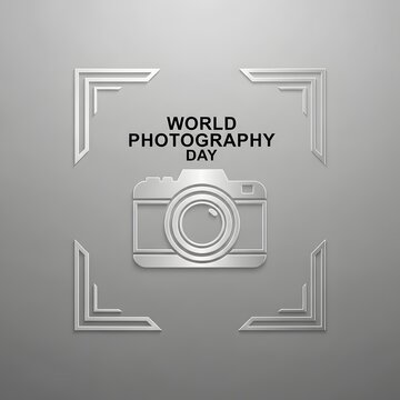World Photography Day Silver camera icon within framing brackets on grey background