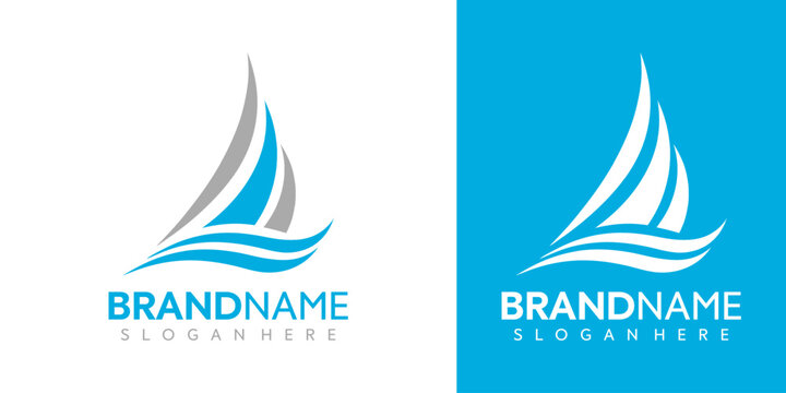 A sailboat logo with brandname and slogan on white and blue backgrounds