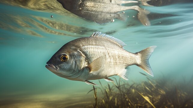 A fish swims in tranquil underwater scenery.
