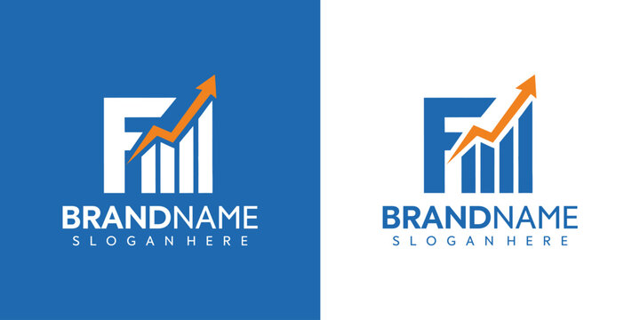 Two logos of a company with graph and text on blue and white backgrounds
